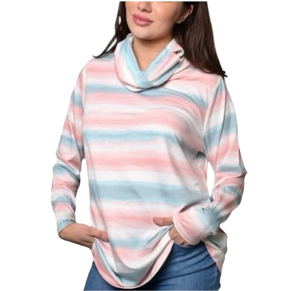 Ady P Tops - ADY PV Long Sleeve Cowl Neck with Ear Holes in a Pastel Tie Dye Striped Pattern